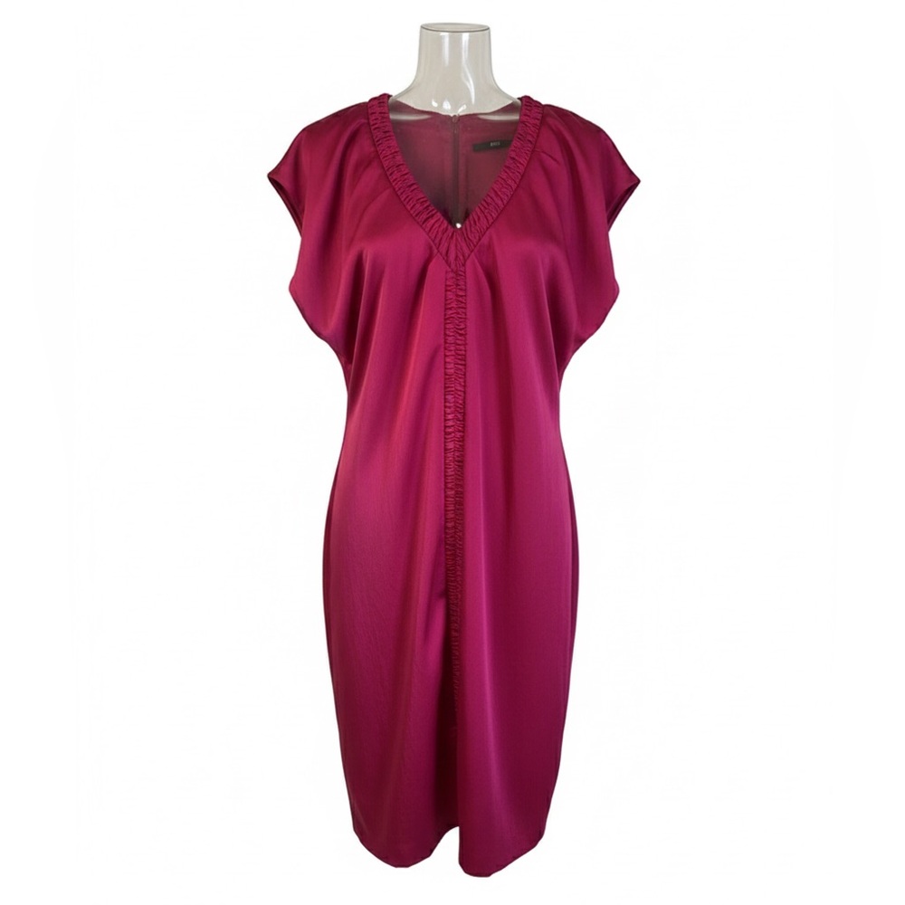 Hugo Boss Fuchsia Pink Ruched V-Neck Dress | Size 6 | Romantic, Designer